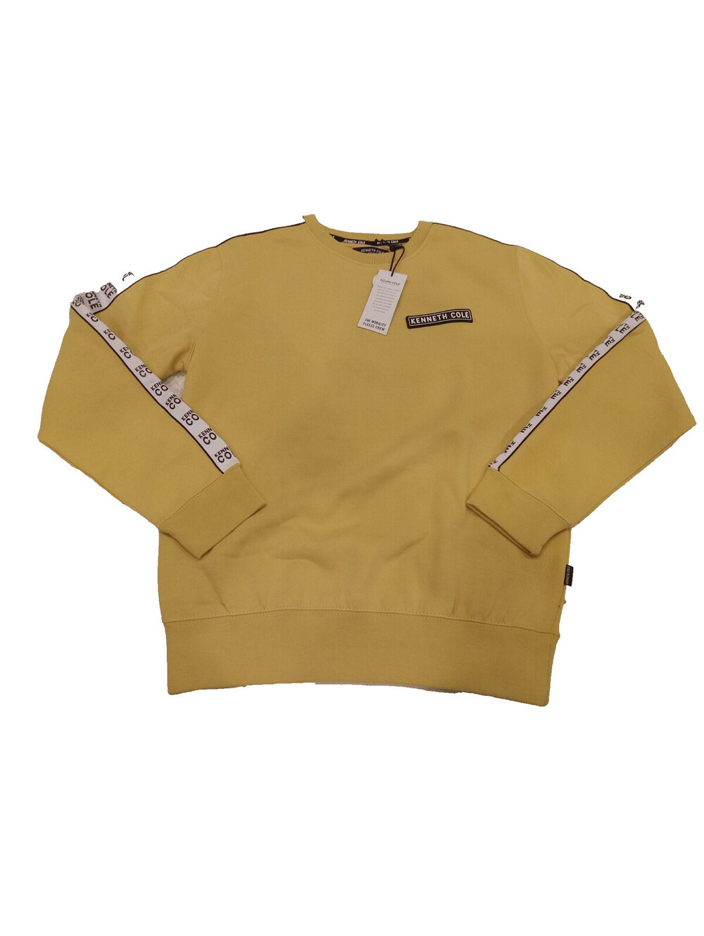 Kenneth Cole Sweatshirt Mens Small Yellow Crewneck Logo Sleeve Tape Patch NWT S